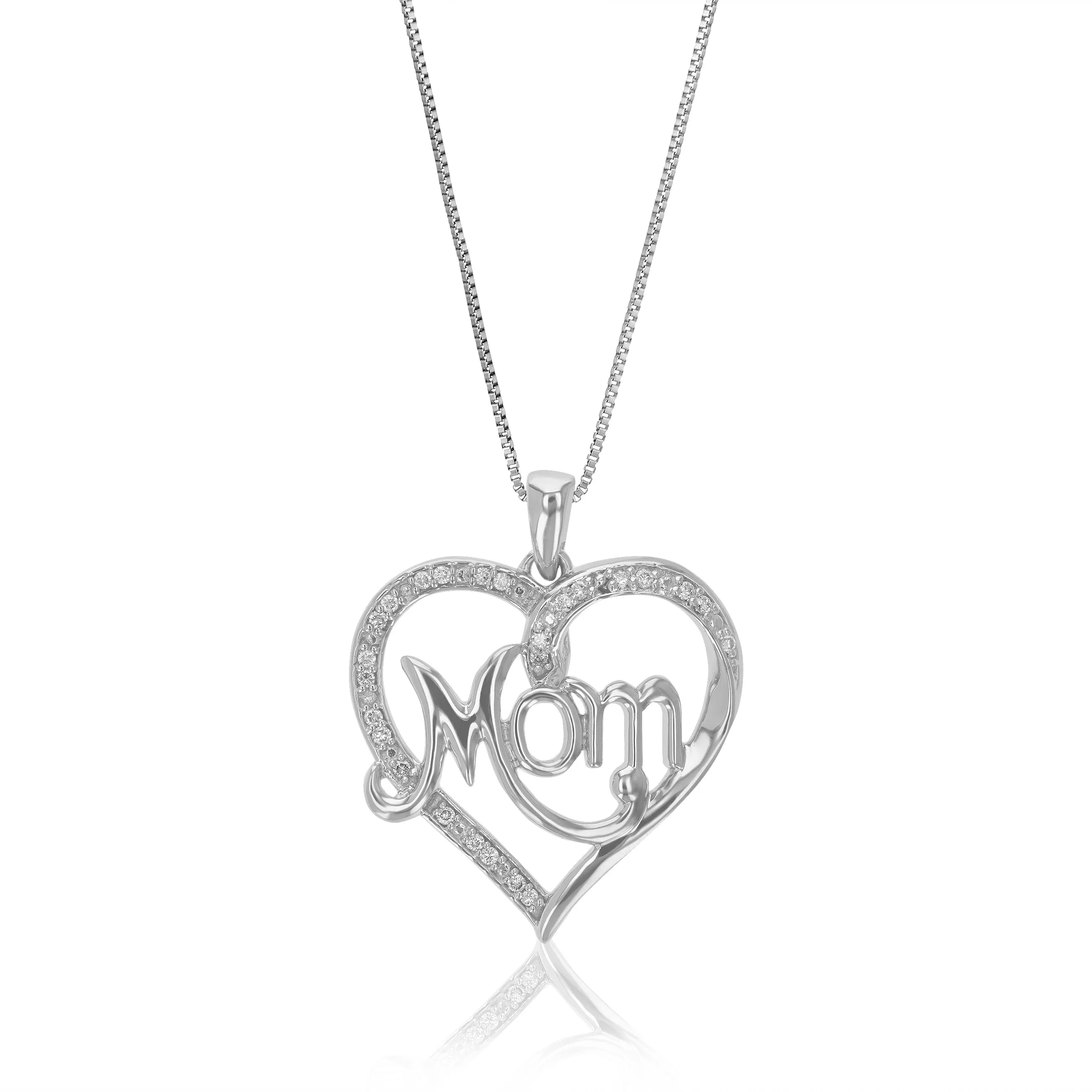 1/10 cttw Lab Grown Diamond Heart And Mom Pendant Necklace .925 Sterling Silver 3/4 Inch With 18 Inch Chain