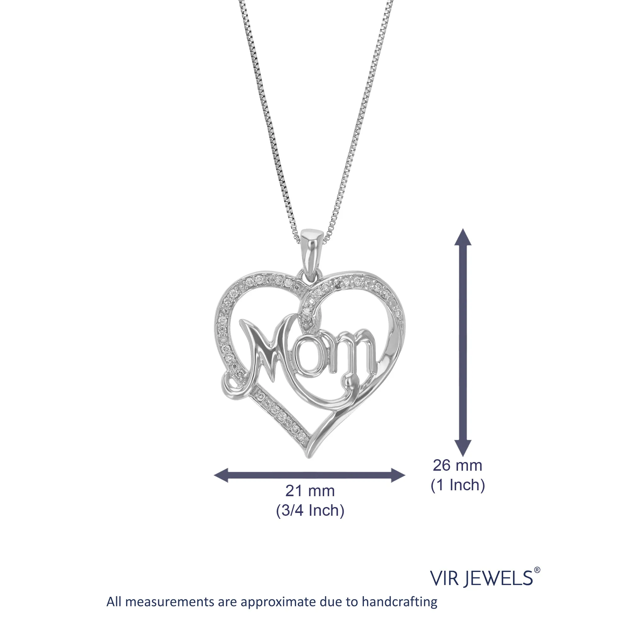 1/10 cttw Lab Grown Diamond Heart And Mom Pendant Necklace .925 Sterling Silver 3/4 Inch With 18 Inch Chain