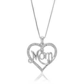 1/10 cttw Lab Grown Diamond Heart And Mom Pendant Necklace .925 Sterling Silver 3/4 Inch With 18 Inch Chain
