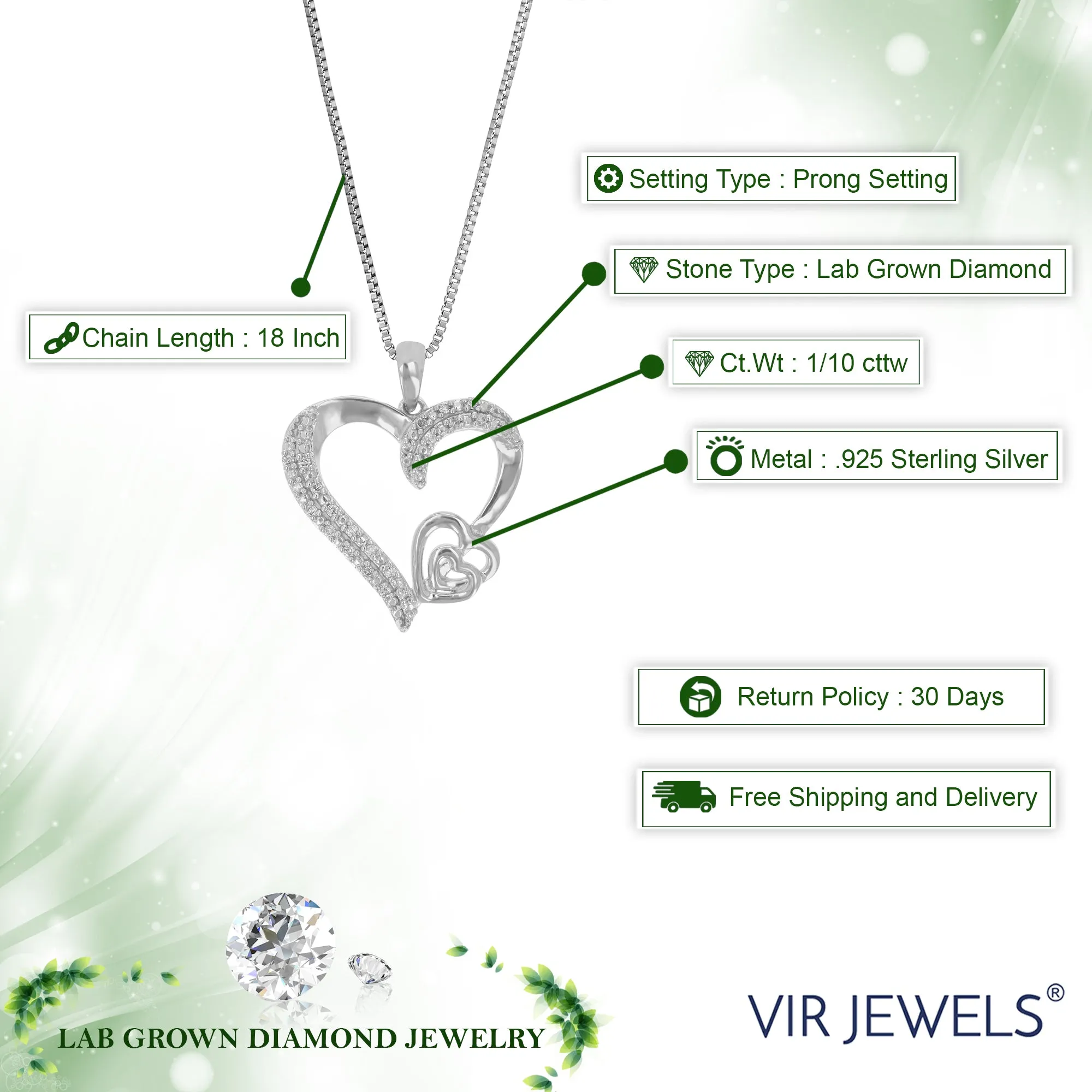1/10 cttw Lab Grown Round Diamond Pendant Necklace For Women .925 Sterling Silver 3/4 Inch With 18 Inch Chain