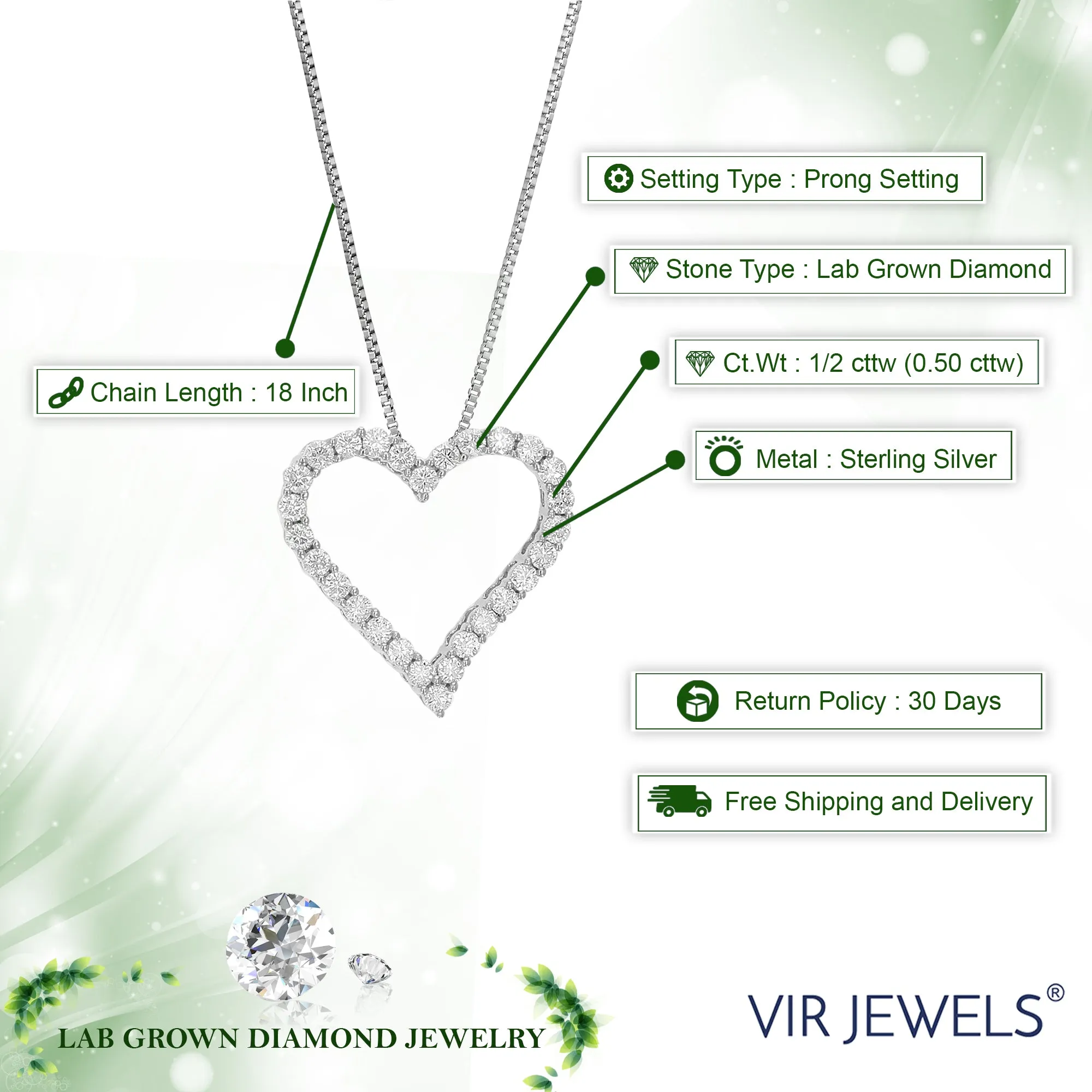 1/2 cttw Lab Created Diamond Heart Pendant Necklace Sterling Silver 2/3 Inch