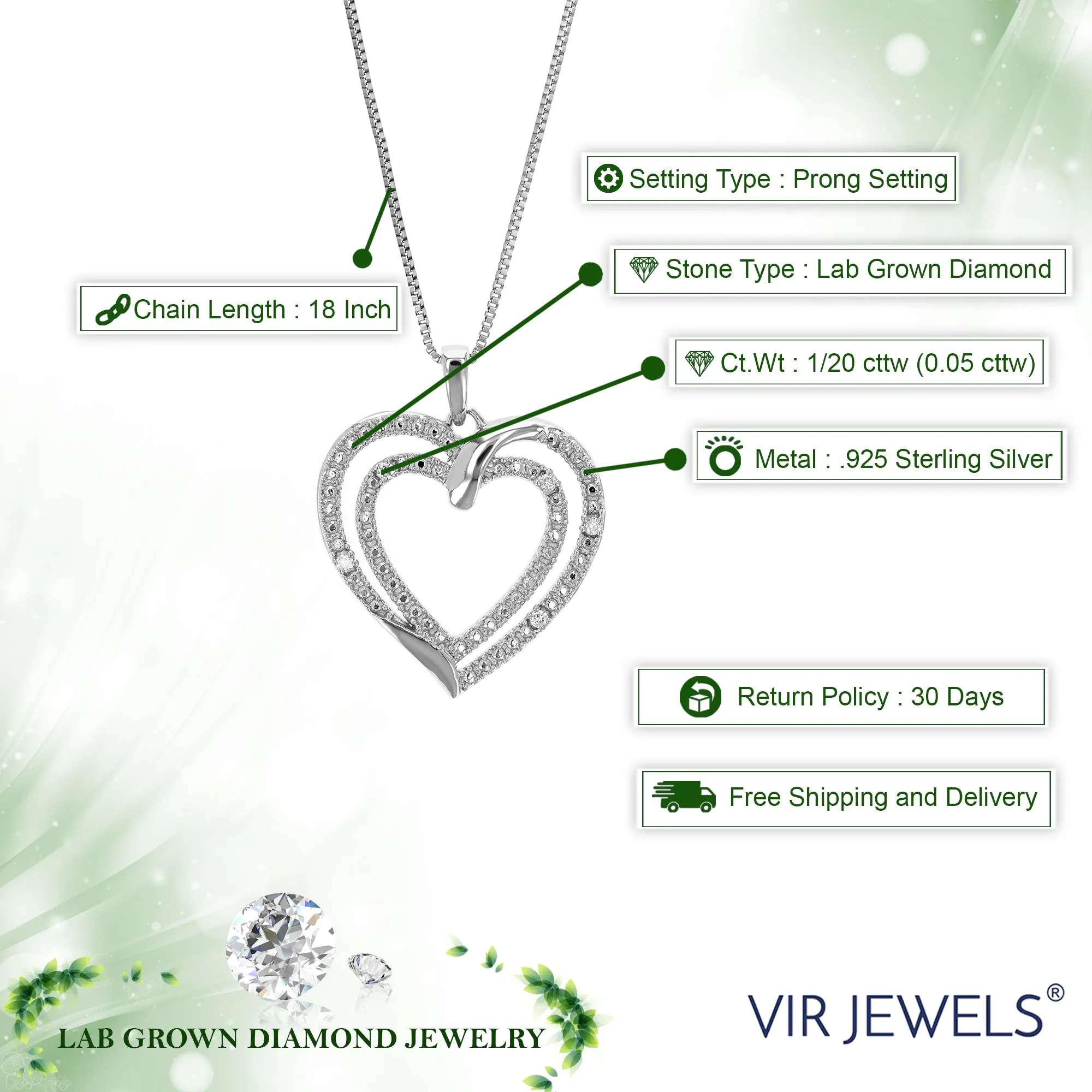 1/20 cttw Lab Grown Diamond Heart Pendant Necklace .925 Sterling Silver 3/4 Inch with 18 Inch Chain, Size 3/4 Inch