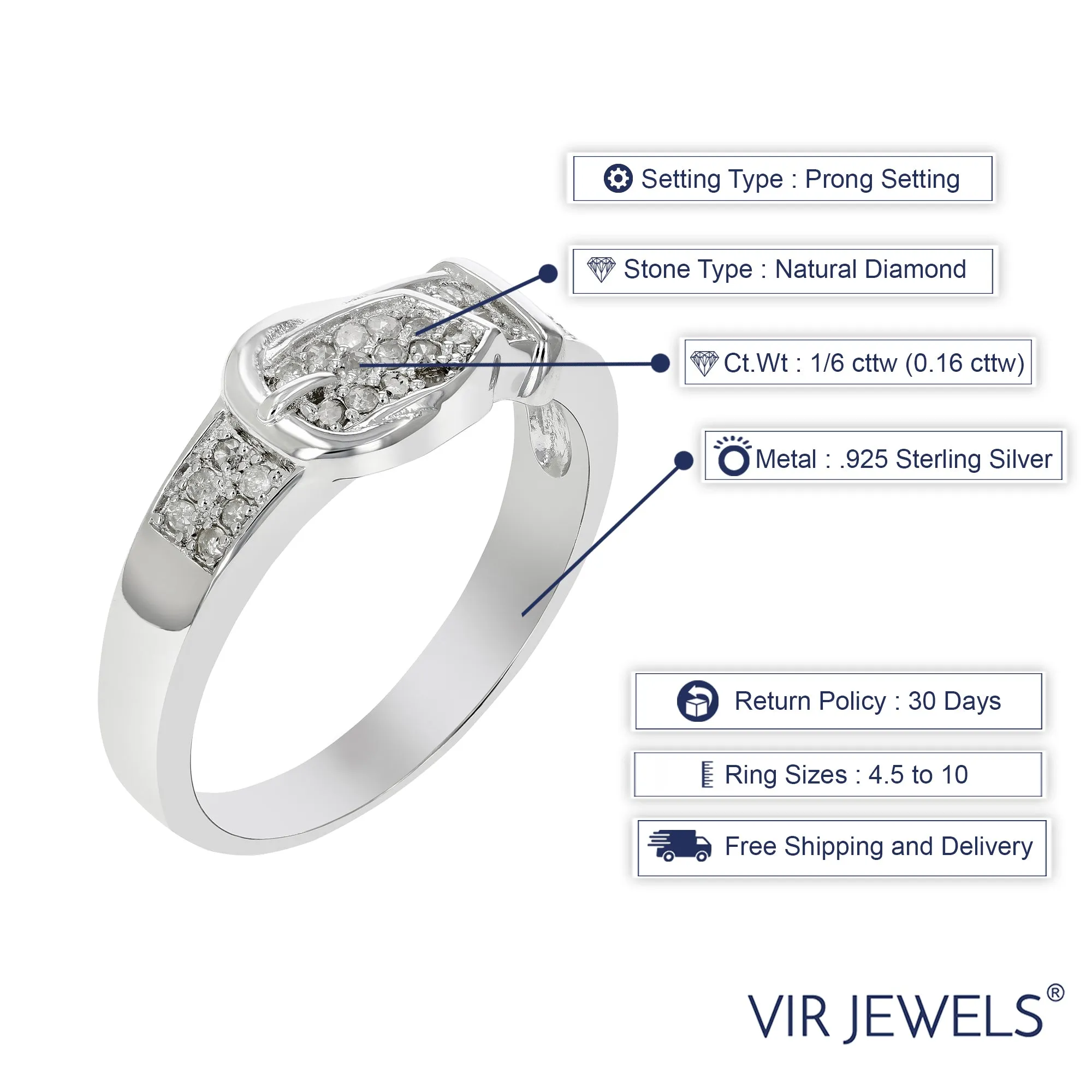 1/6 cttw Diamond Buckle Ring in .925 Sterling Silver with Rhodium Plating Round