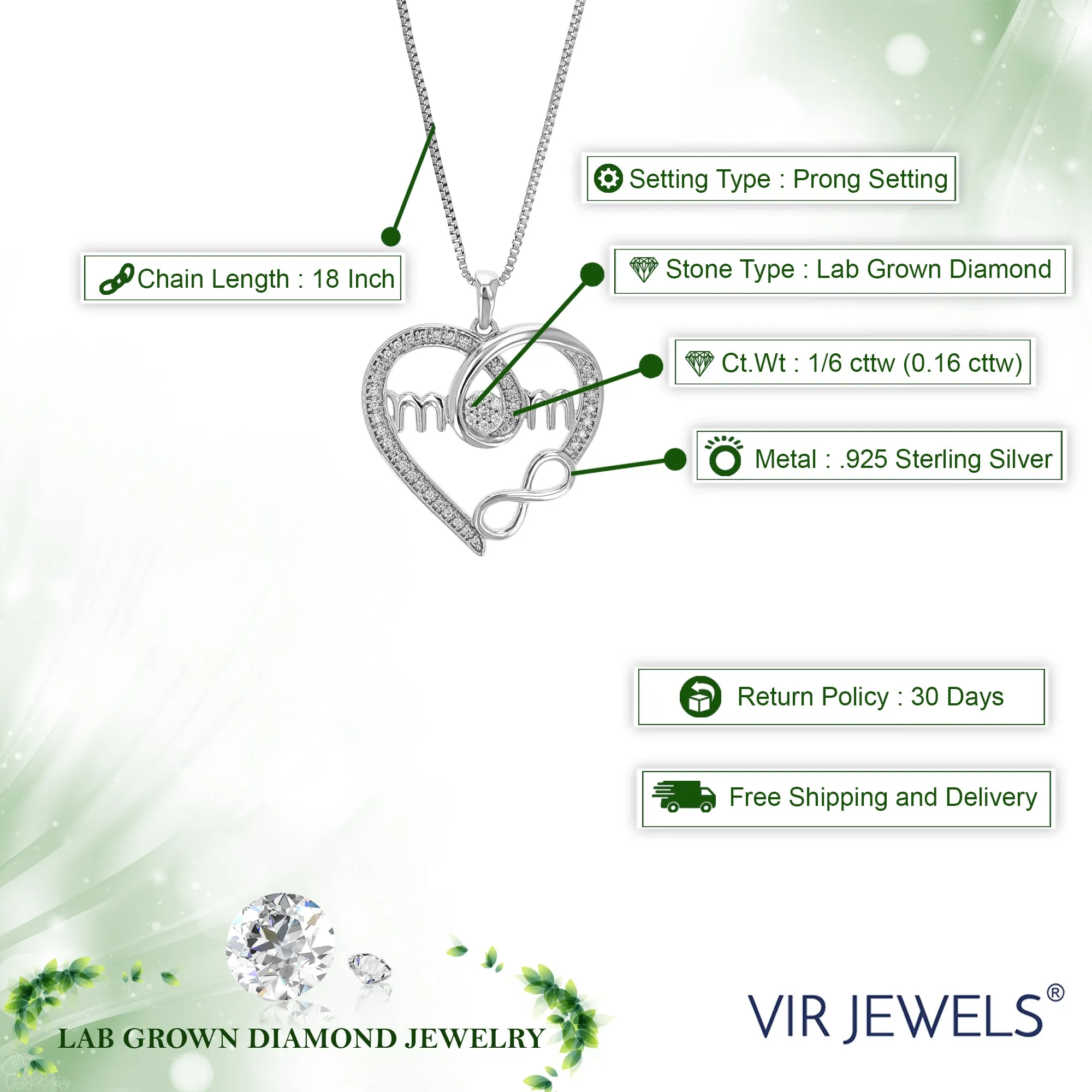 1/6 cttw Lab Grown Diamond Heart Pendant Necklace .925 Sterling Silver 1 Inch With 18 Inch Chain