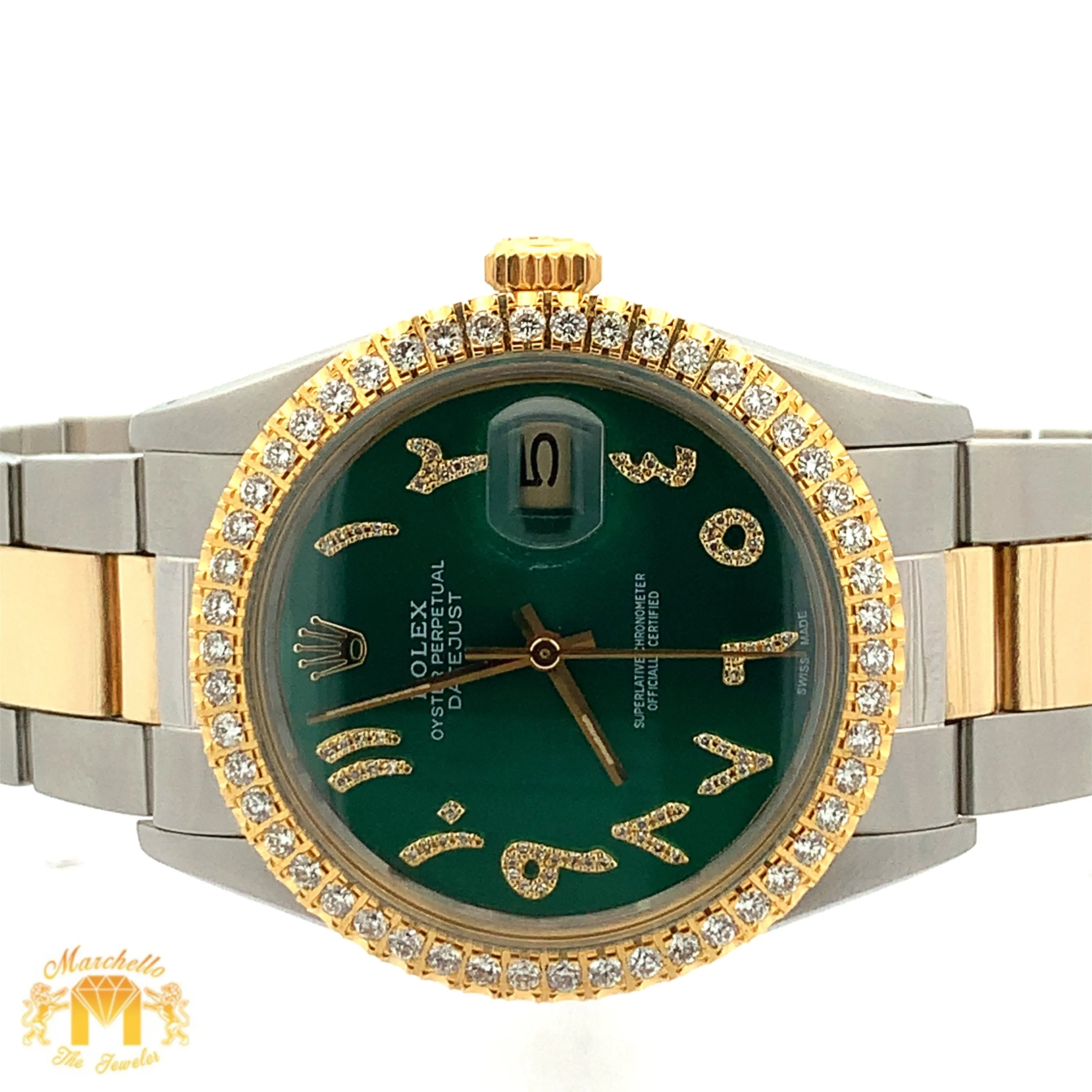 36mm Rolex Watch with Two-Tone Oyster Bracelet (green dial with diamond Arabic numerals)