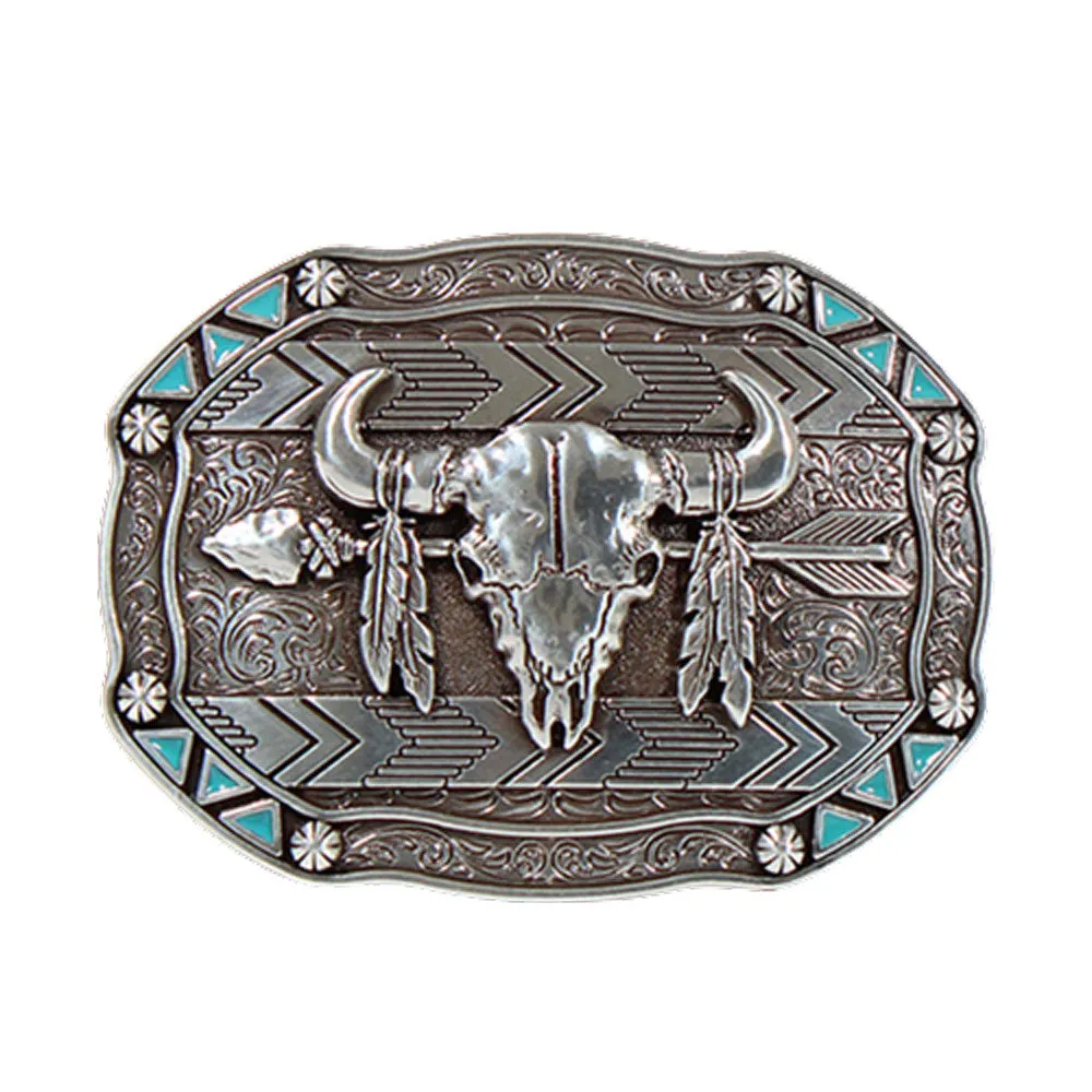 37007 Nocona Rectangle Arrow Skull Feather Belt Buckle