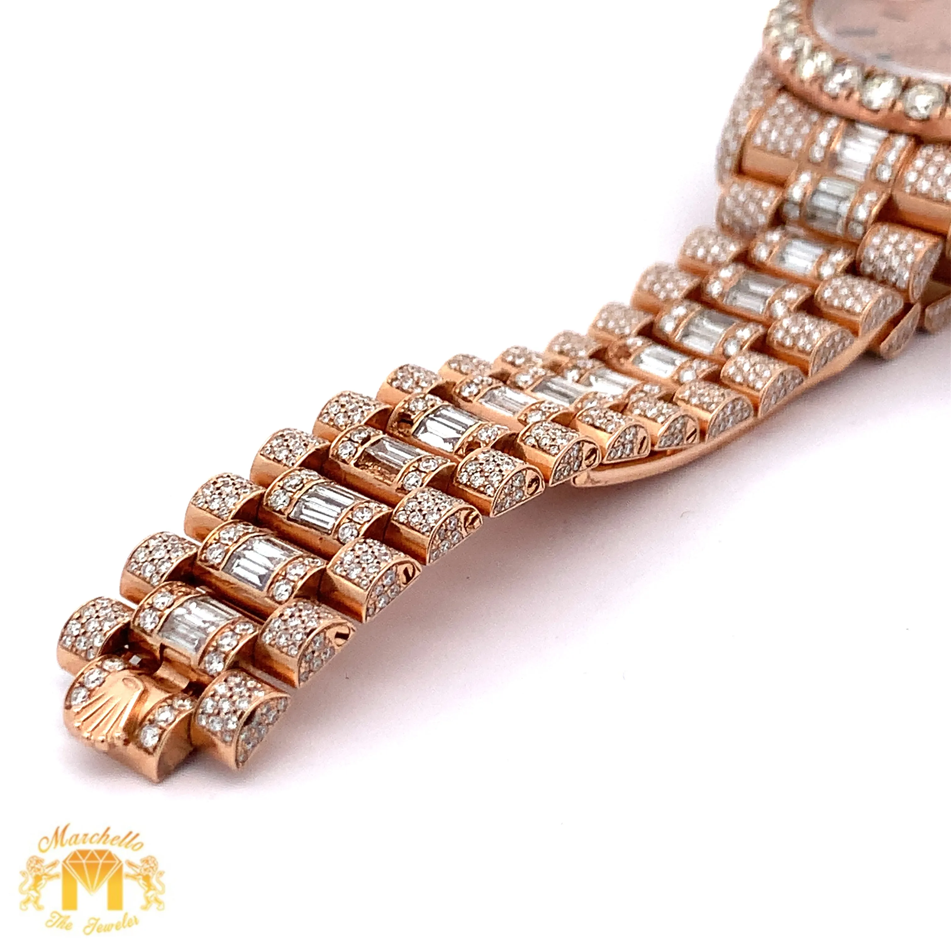 41mm 18k Rose Gold Iced out Rolex Presidential Watch with Baguettes and Round Diamonds