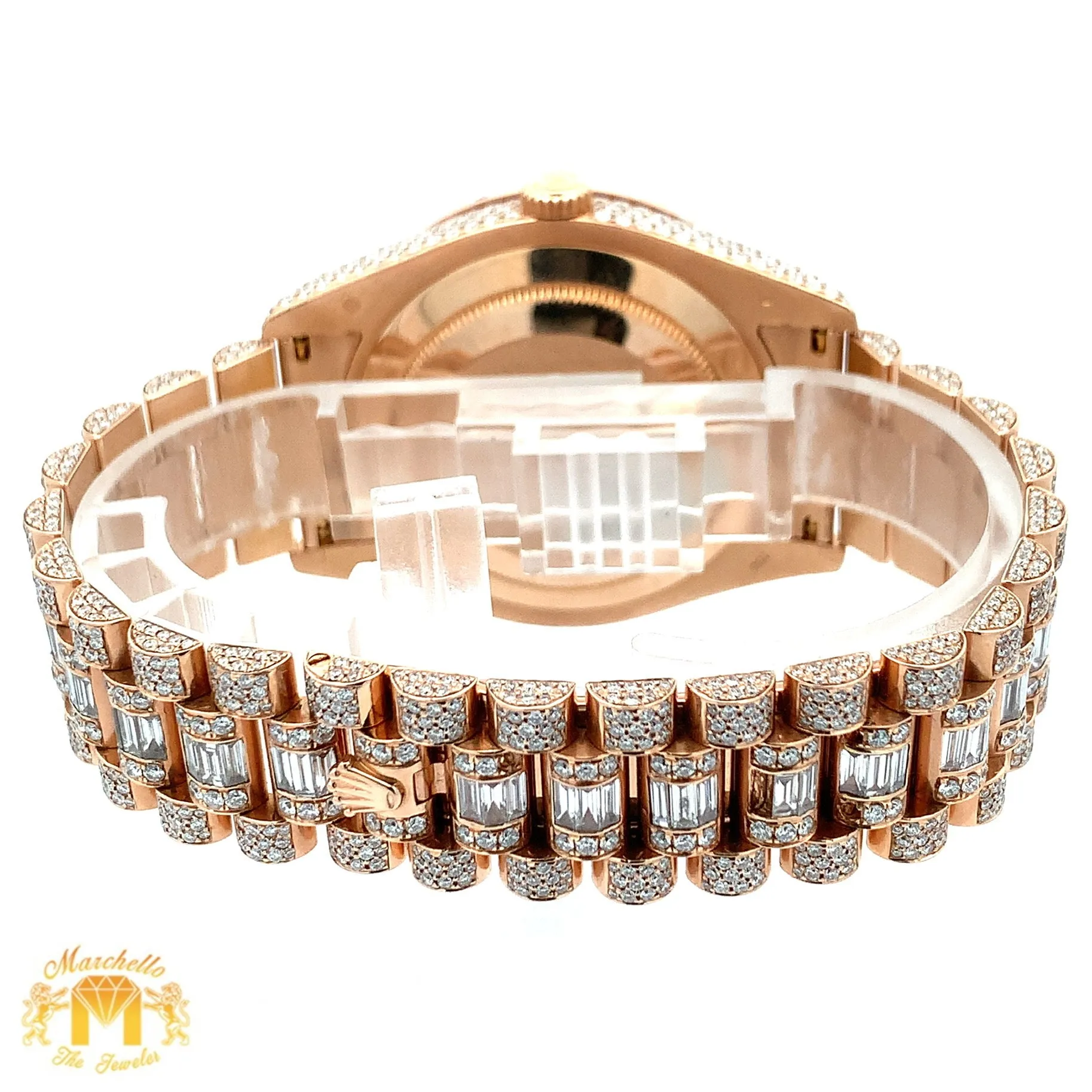 41mm 18k Rose Gold Iced out Rolex Presidential Watch with Baguettes and Round Diamonds
