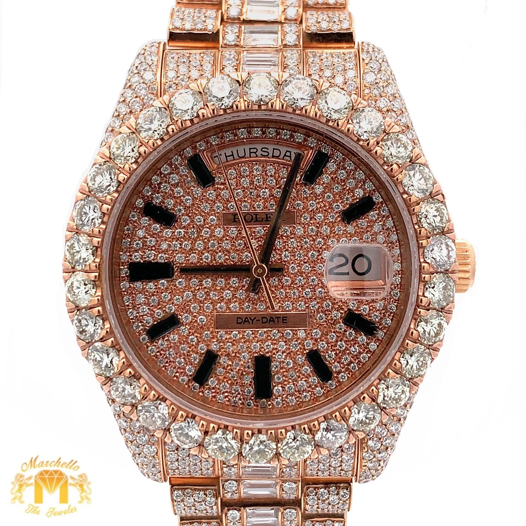 41mm 18k Rose Gold Iced out Rolex Presidential Watch with Baguettes and Round Diamonds