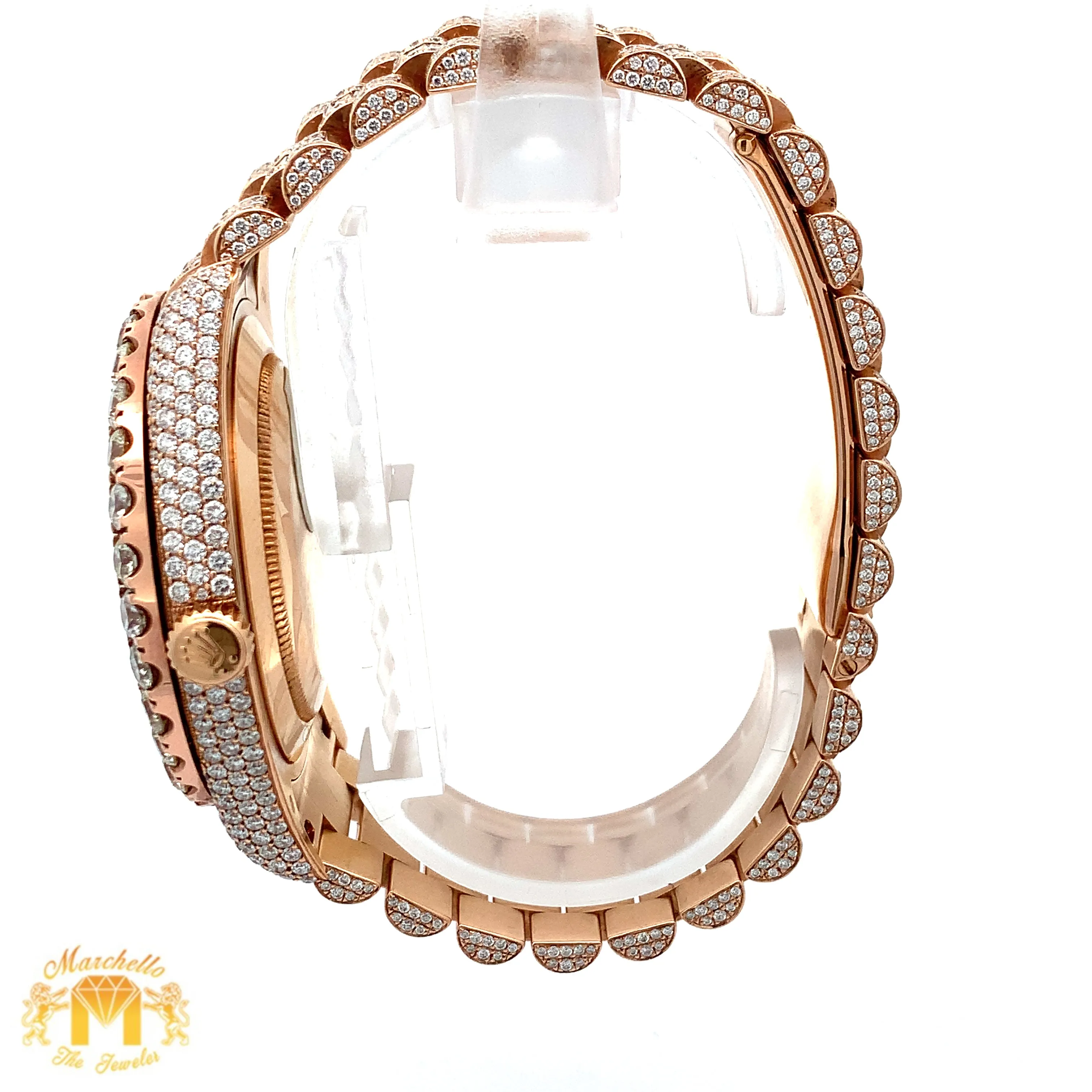 41mm 18k Rose Gold Iced out Rolex Presidential Watch with Baguettes and Round Diamonds