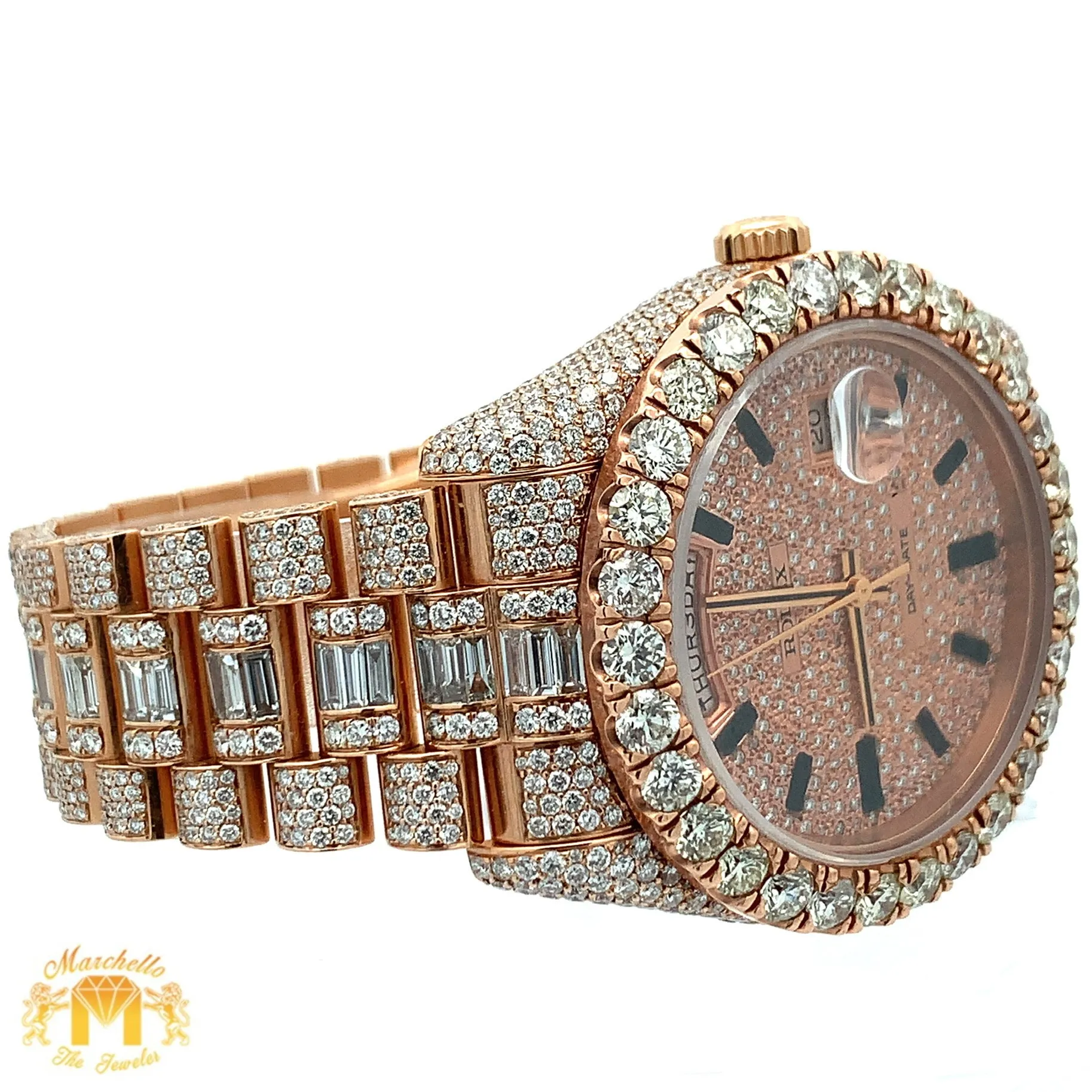 41mm 18k Rose Gold Iced out Rolex Presidential Watch with Baguettes and Round Diamonds