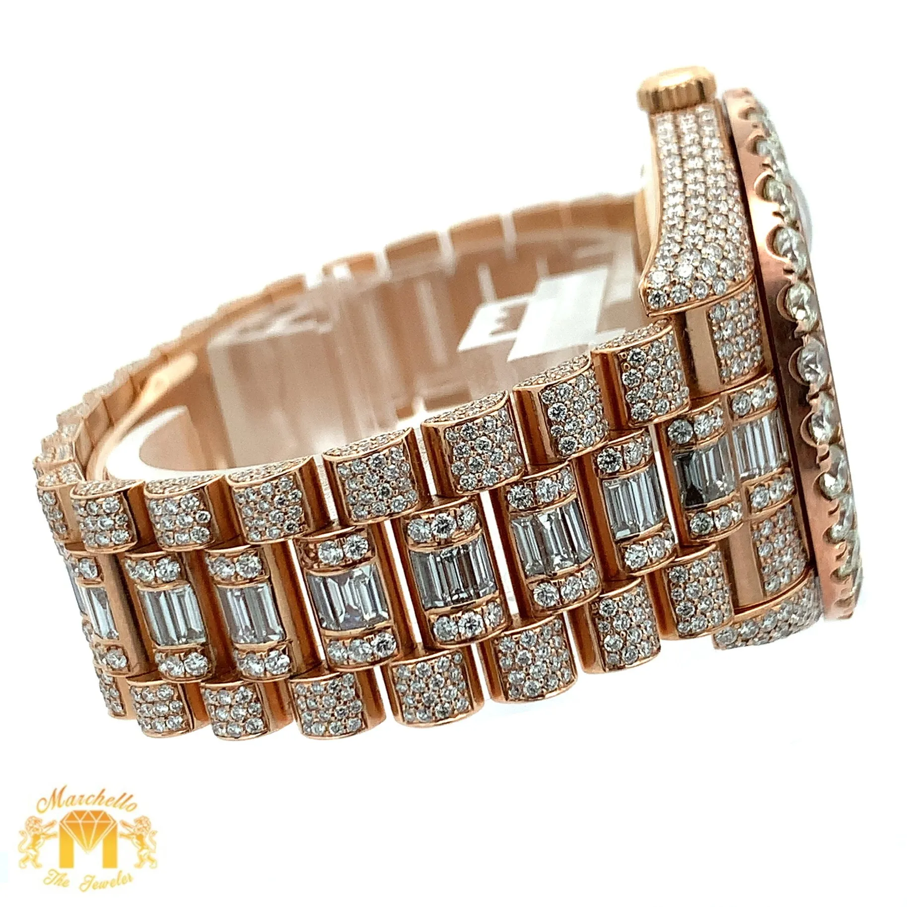 41mm 18k Rose Gold Iced out Rolex Presidential Watch with Baguettes and Round Diamonds