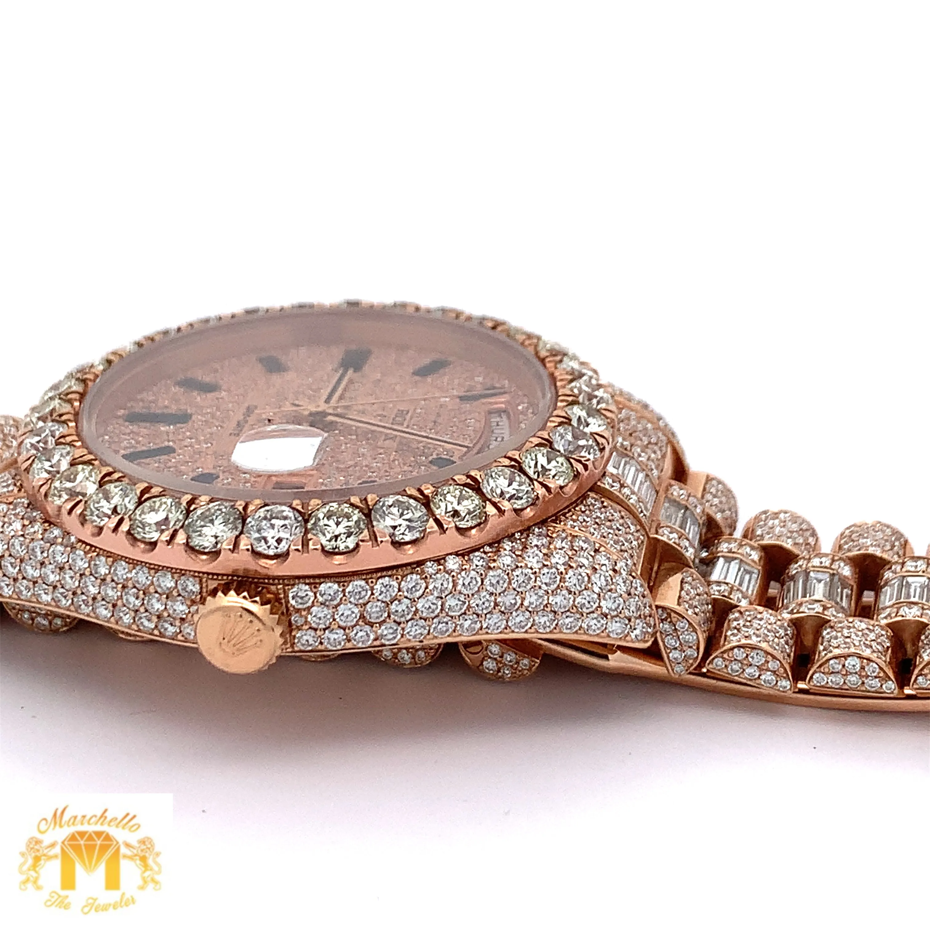 41mm 18k Rose Gold Iced out Rolex Presidential Watch with Baguettes and Round Diamonds