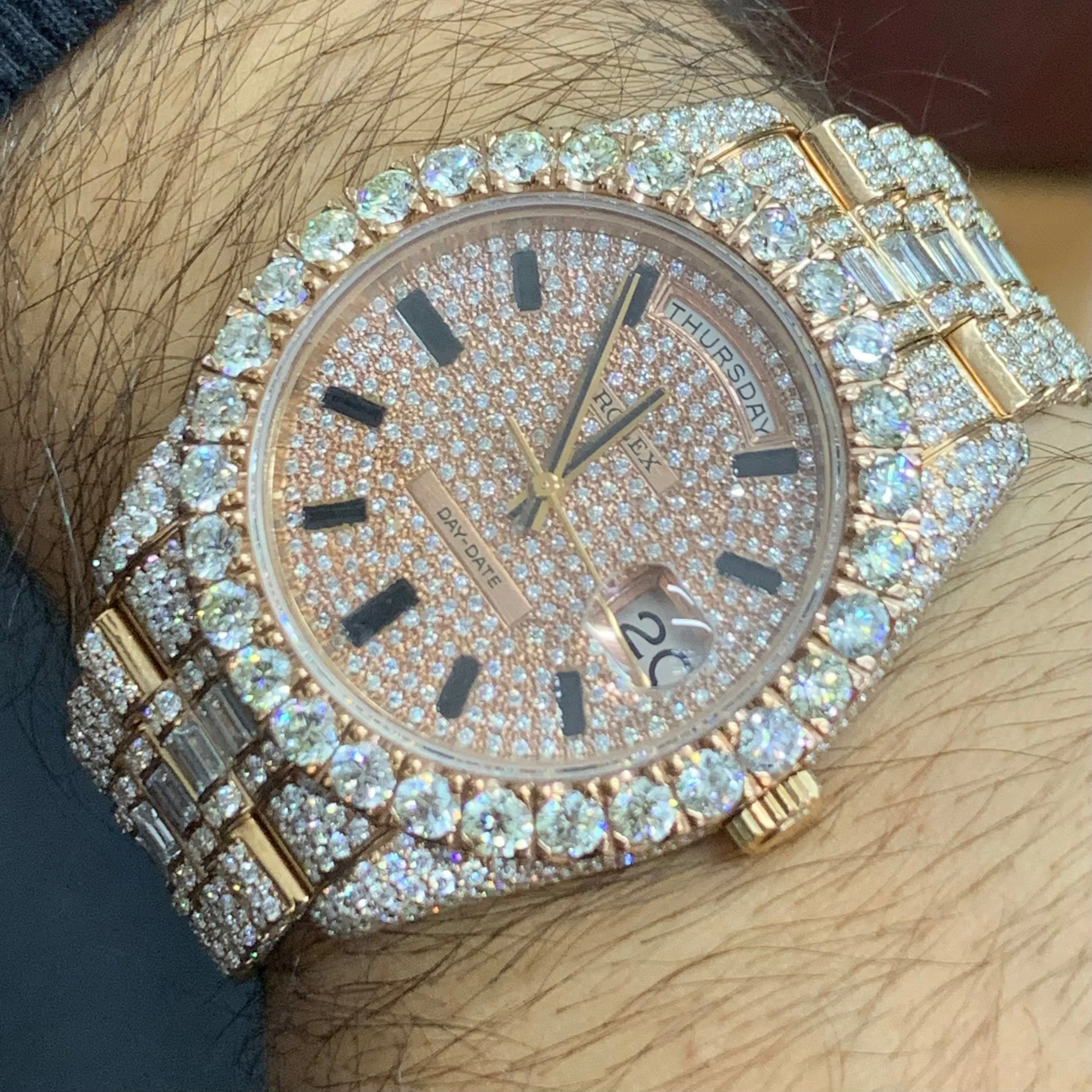 41mm 18k Rose Gold Iced out Rolex Presidential Watch with Baguettes and Round Diamonds