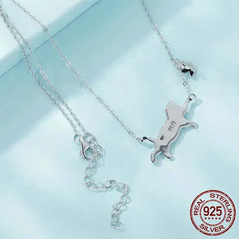925 Sterling Silver Lovely Cat Pendant Necklace Flying Butterfly Neck Chain for Women Girls Daily Wearing Fine Jewelry