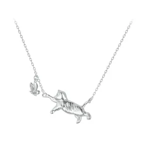 925 Sterling Silver Lovely Cat Pendant Necklace Flying Butterfly Neck Chain for Women Girls Daily Wearing Fine Jewelry