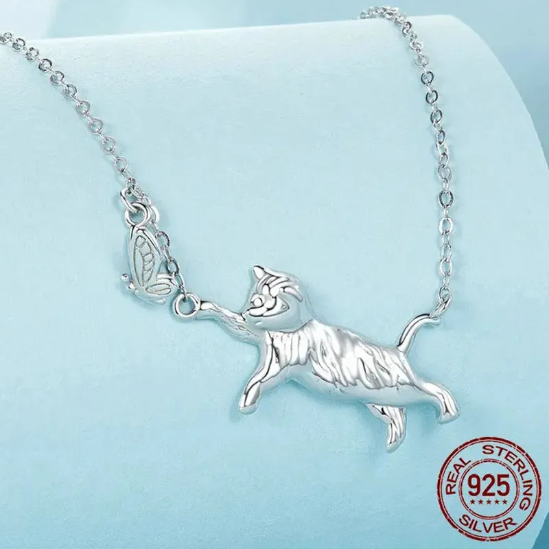 925 Sterling Silver Lovely Cat Pendant Necklace Flying Butterfly Neck Chain for Women Girls Daily Wearing Fine Jewelry