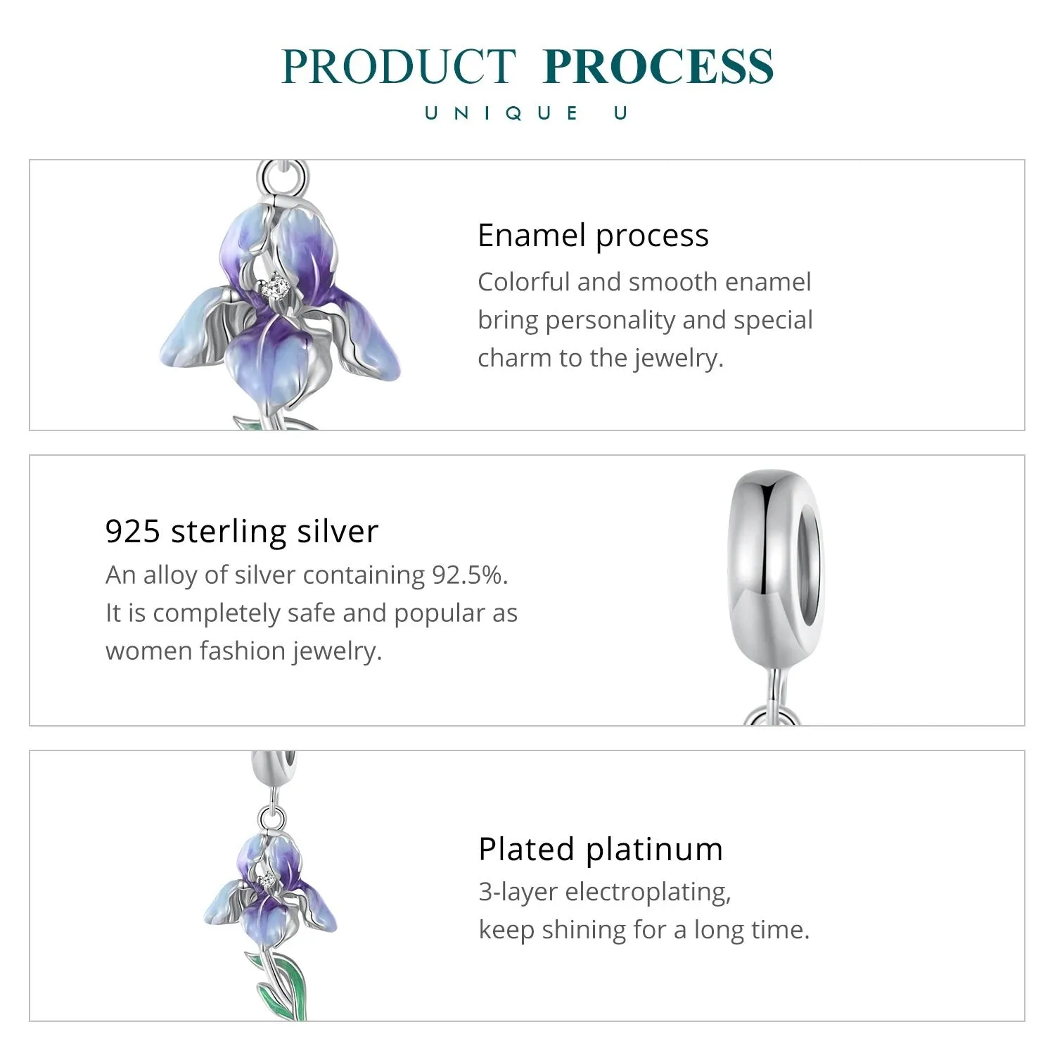 925 Sterling Silver Purple Enamel Iris Pendant Necklace Flower Neck Chain for Women Party Fine Jewelry Gift