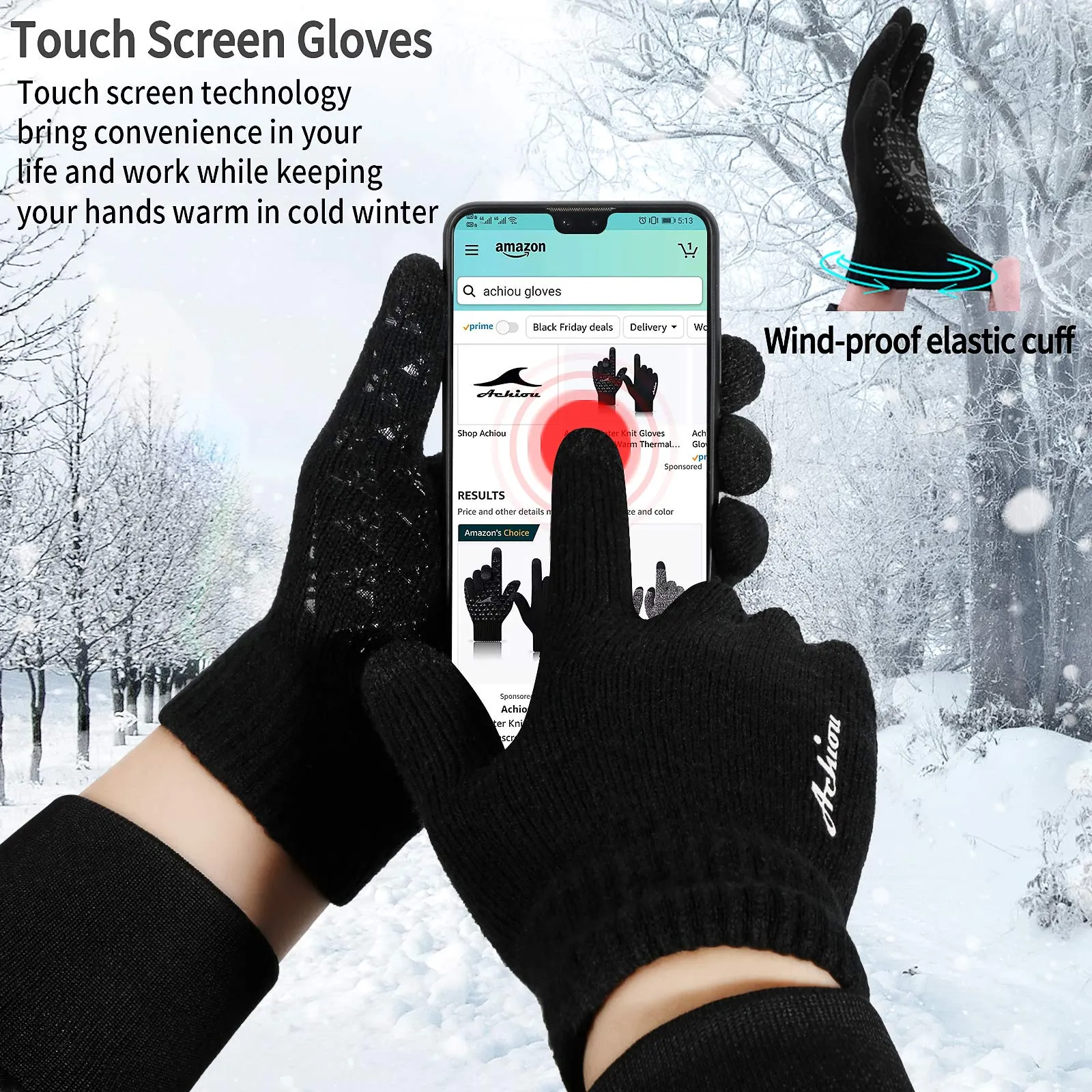 Achiou Winter Knit Gloves Touchscreen Warm Thermal Soft Lining Elastic Cuff Texting Anti-Slip 3 Size Choice for Women Men Black Medium
