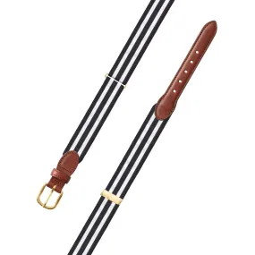 Adjustable Black & White Grosgrain Belt with Brown Leather Tabs