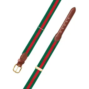 Adjustable Forest Green & Red Grosgrain Belt with Brown Leather Tabs