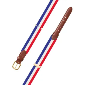 Adjustable Red, White & Blue Grosgrain Belt with Brown Leather Tabs
