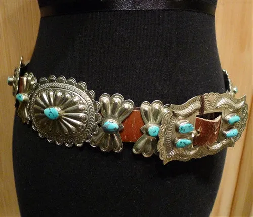 Antique Sterling Silver and Turquoise Concha Belt