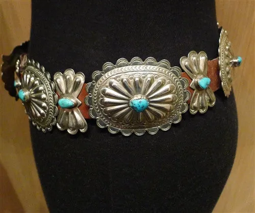 Antique Sterling Silver and Turquoise Concha Belt