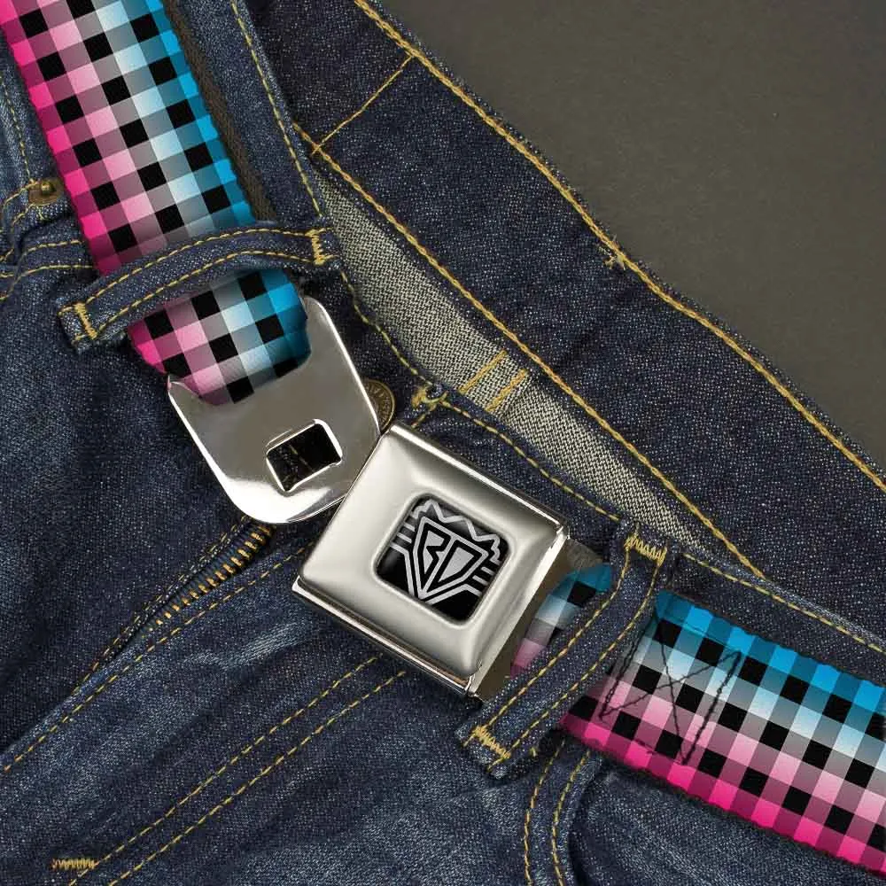 BD Wings Logo CLOSE-UP Full Color Black Silver Seatbelt Belt - Buffalo Plaid Turquoise/Fuchsia Fade Webbing