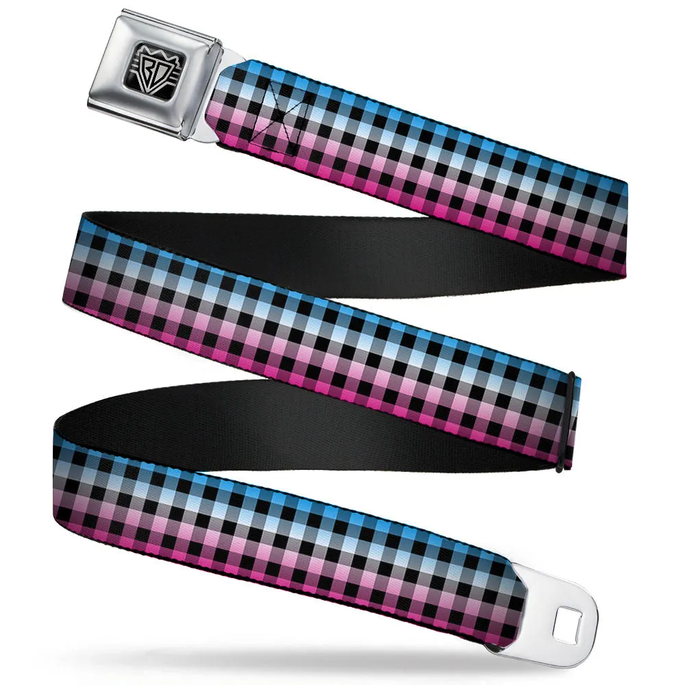 BD Wings Logo CLOSE-UP Full Color Black Silver Seatbelt Belt - Buffalo Plaid Turquoise/Fuchsia Fade Webbing