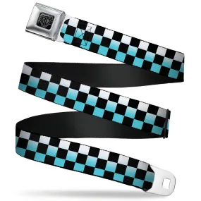BD Wings Logo CLOSE-UP Full Color Black Silver Seatbelt Belt - Checker Black/Ombre Turquoise Webbing
