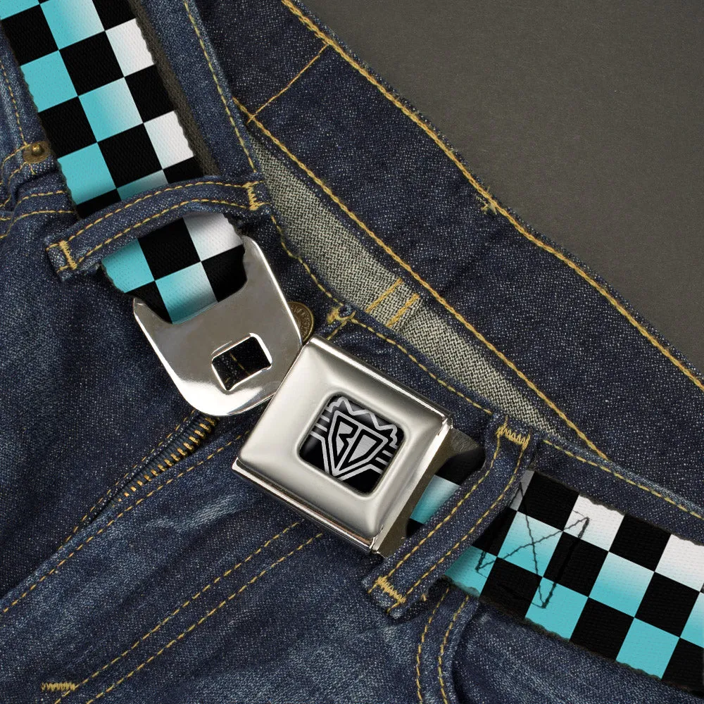 BD Wings Logo CLOSE-UP Full Color Black Silver Seatbelt Belt - Checker Black/Ombre Turquoise Webbing