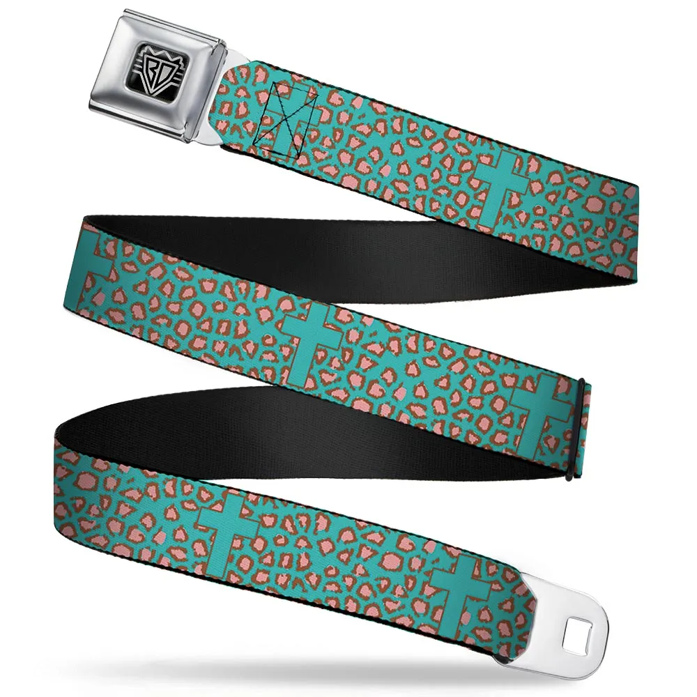 BD Wings Logo CLOSE-UP Full Color Black Silver Seatbelt Belt - Cross Repeat Leopard Turquoise/Pink Webbing