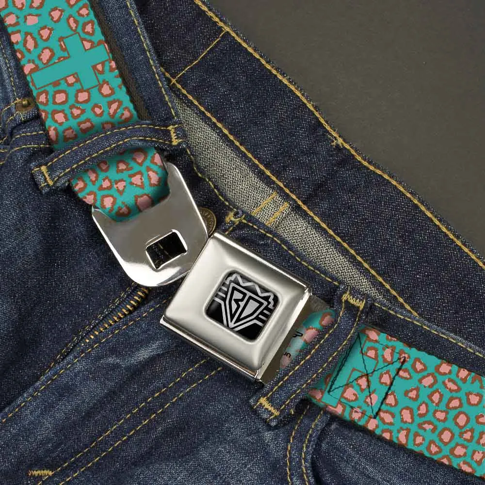 BD Wings Logo CLOSE-UP Full Color Black Silver Seatbelt Belt - Cross Repeat Leopard Turquoise/Pink Webbing