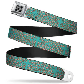 BD Wings Logo CLOSE-UP Full Color Black Silver Seatbelt Belt - Cross Repeat Leopard Turquoise/Pink Webbing