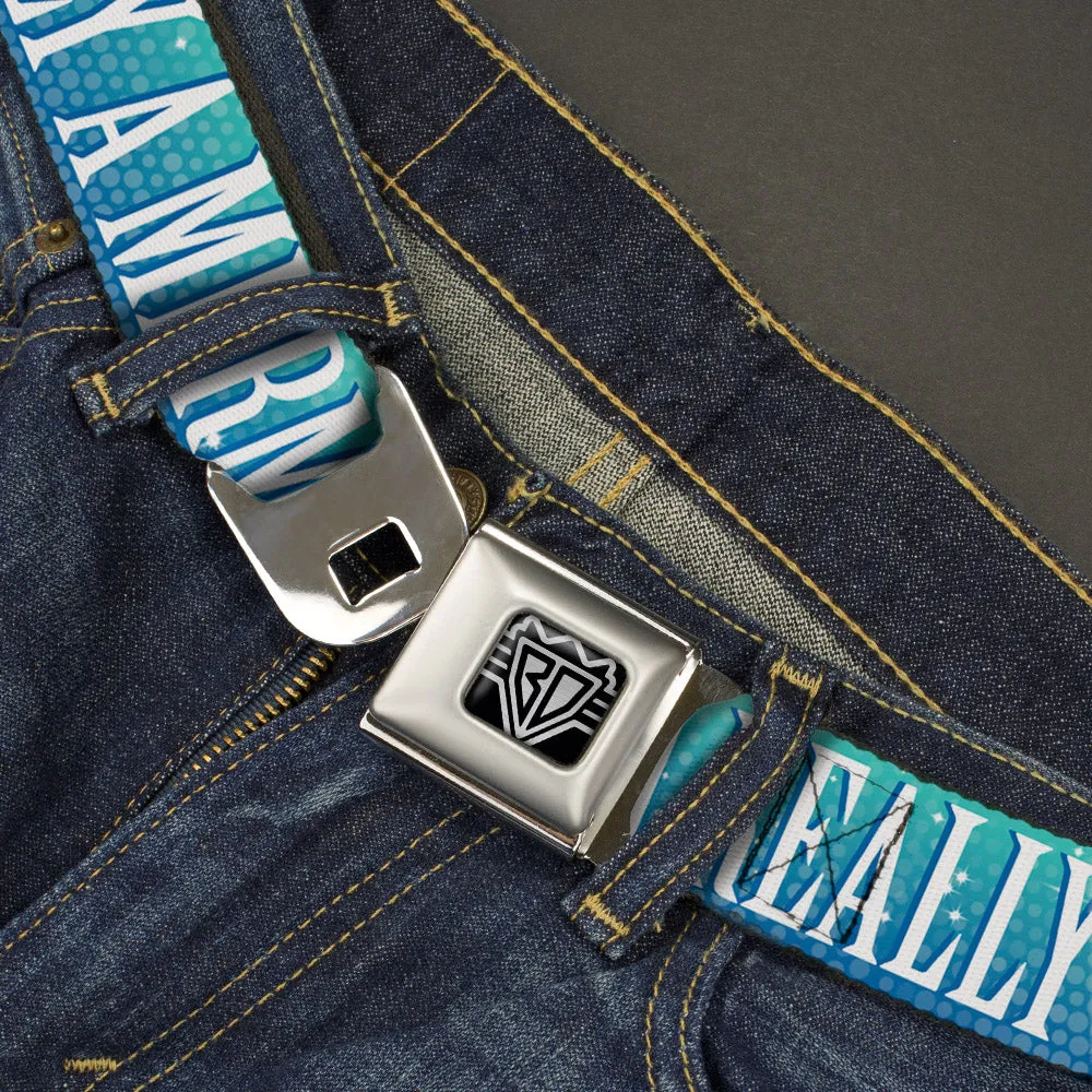 BD Wings Logo CLOSE-UP Full Color Black Silver Seatbelt Belt - I'M REALLY A MERMAID Sparkle Turquoise Blues/White Webbing