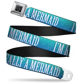 BD Wings Logo CLOSE-UP Full Color Black Silver Seatbelt Belt - I'M REALLY A MERMAID Sparkle Turquoise Blues/White Webbing