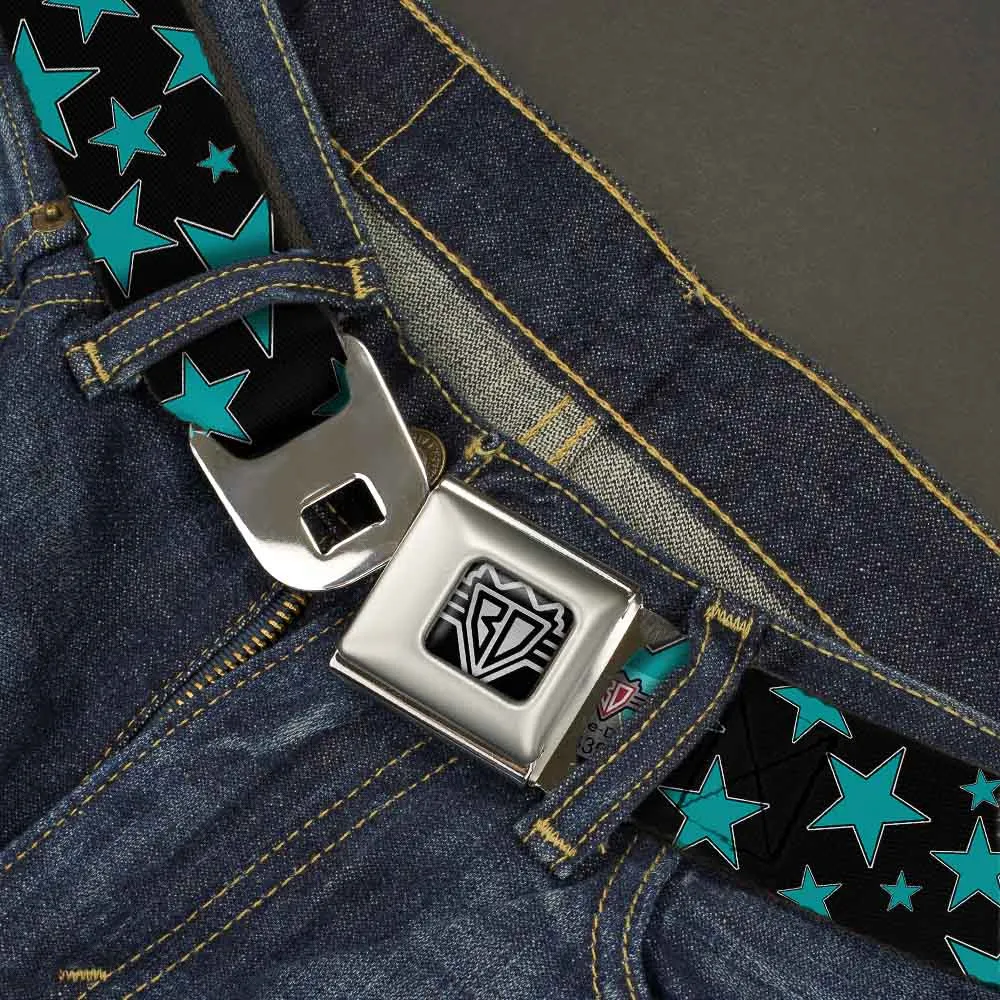BD Wings Logo CLOSE-UP Full Color Black Silver Seatbelt Belt - Multi Stars Black/Turquoise Webbing