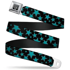 BD Wings Logo CLOSE-UP Full Color Black Silver Seatbelt Belt - Multi Stars Black/Turquoise Webbing
