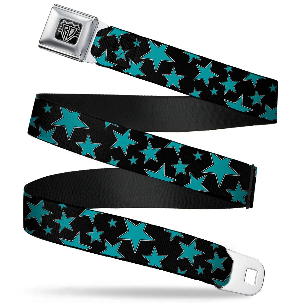 BD Wings Logo CLOSE-UP Full Color Black Silver Seatbelt Belt - Multi Stars Black/Turquoise Webbing