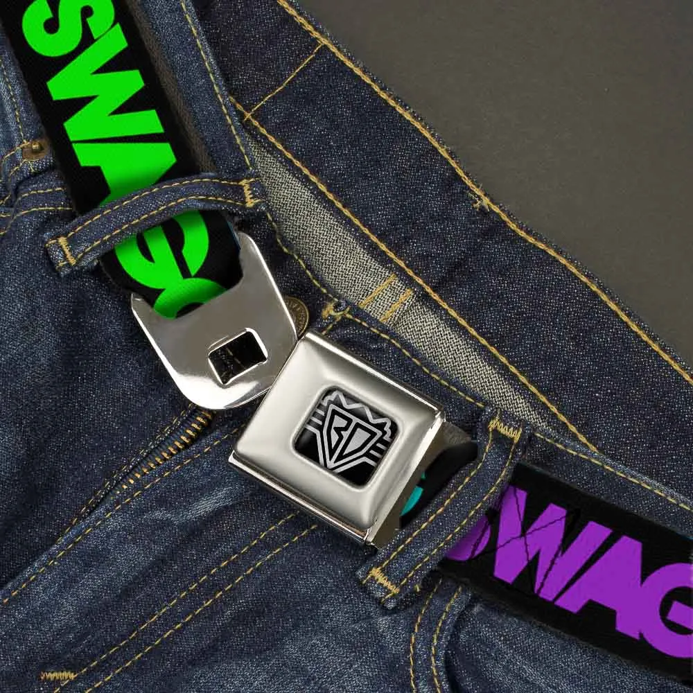BD Wings Logo CLOSE-UP Full Color Black Silver Seatbelt Belt - SWAGG Black/Hot Pink/Turquoise/Purple/Neon Green Webbing