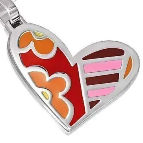Big Heart in Stainless Steel and Colorful Enamel Necklace - Flowers & Stripes