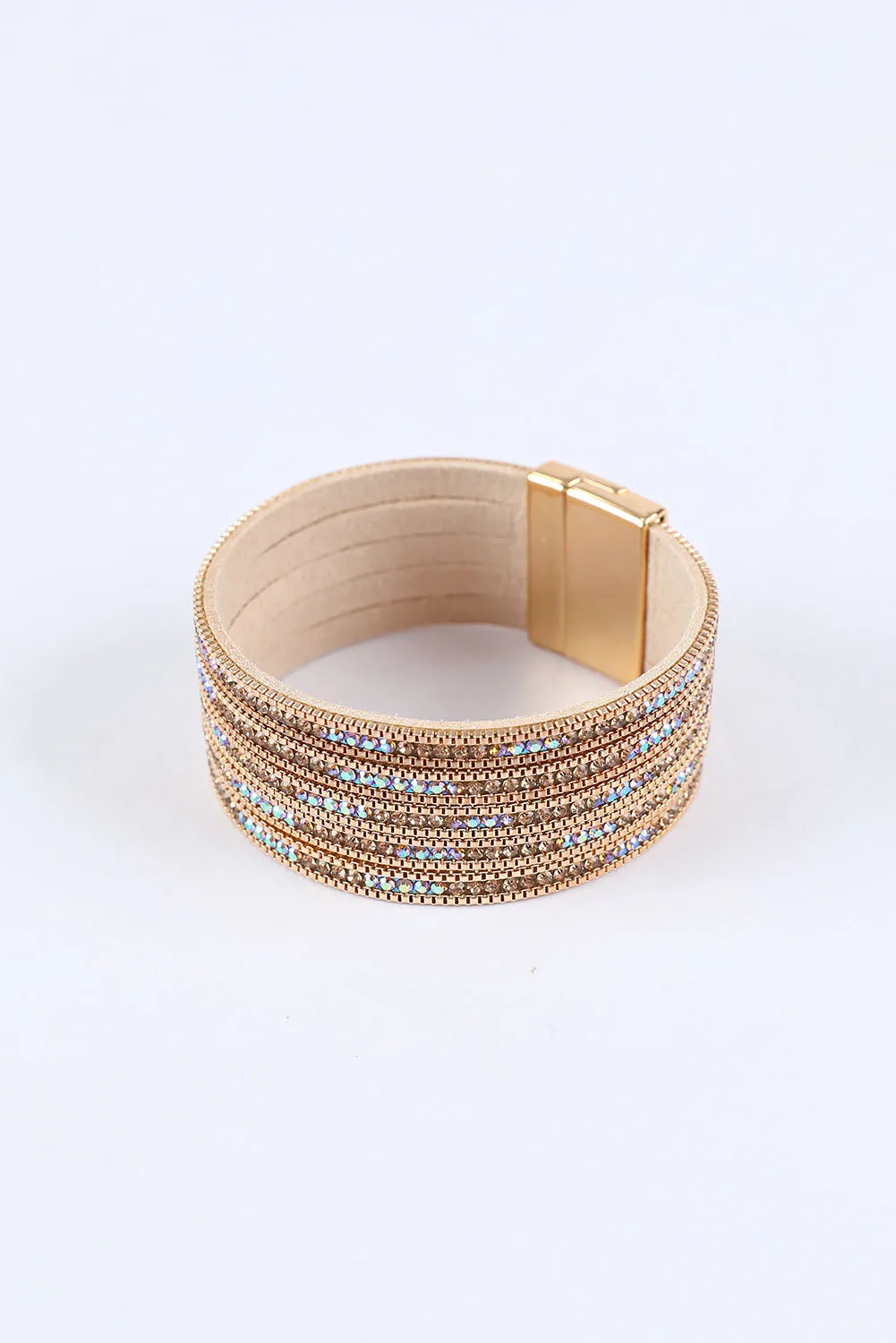Blue Zone Planet |  Gold Full Diamond Leather Wide Magnetic Buckle Bracelet