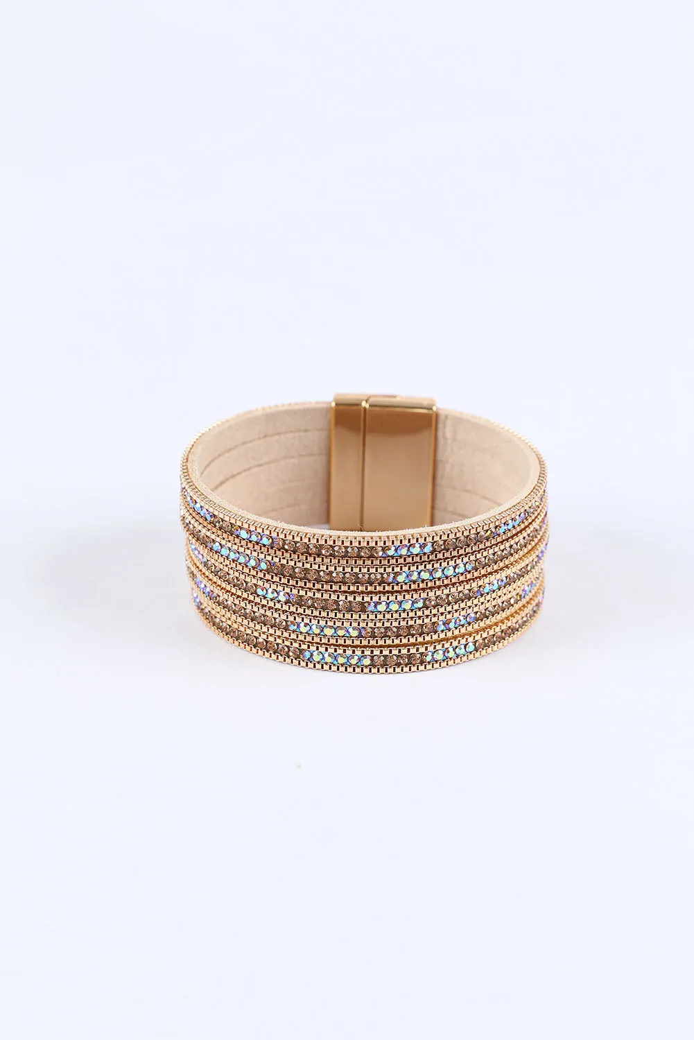 Blue Zone Planet |  Gold Full Diamond Leather Wide Magnetic Buckle Bracelet