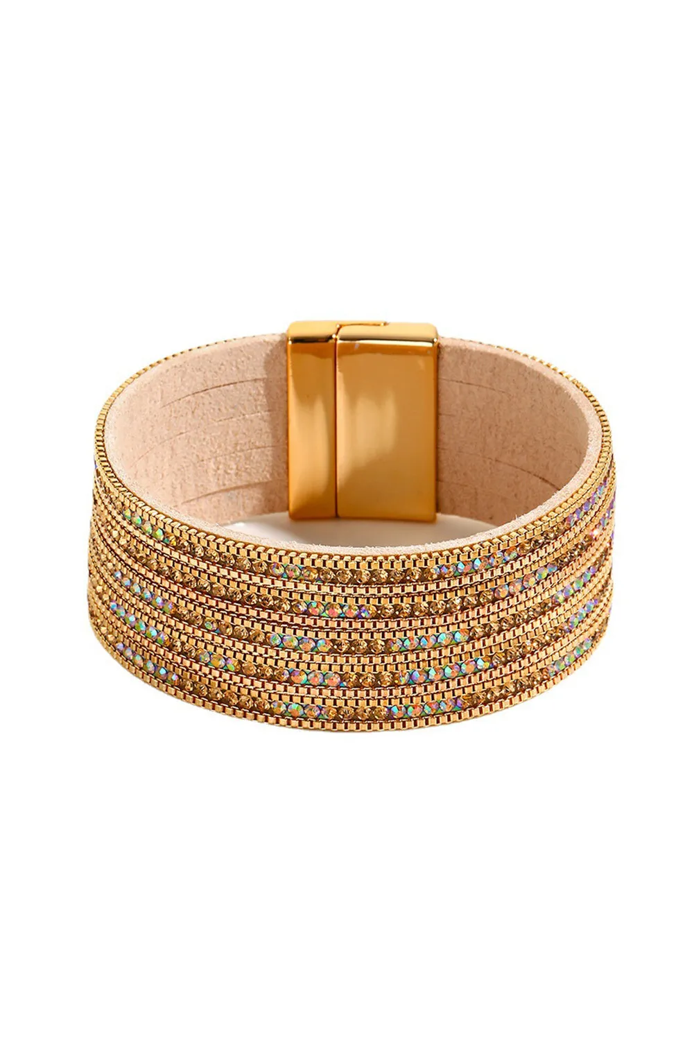 Blue Zone Planet |  Gold Full Diamond Leather Wide Magnetic Buckle Bracelet