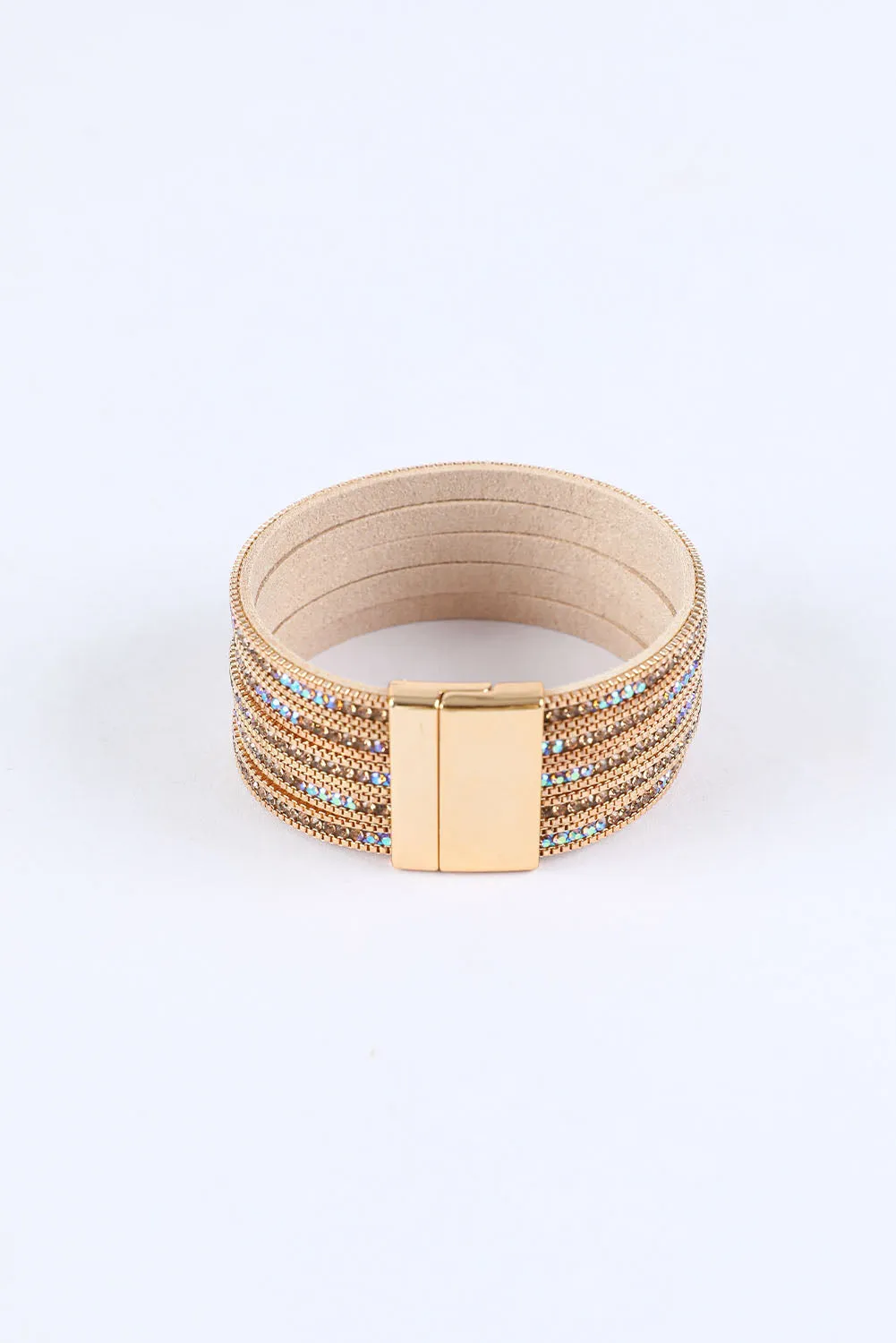 Blue Zone Planet |  Gold Full Diamond Leather Wide Magnetic Buckle Bracelet