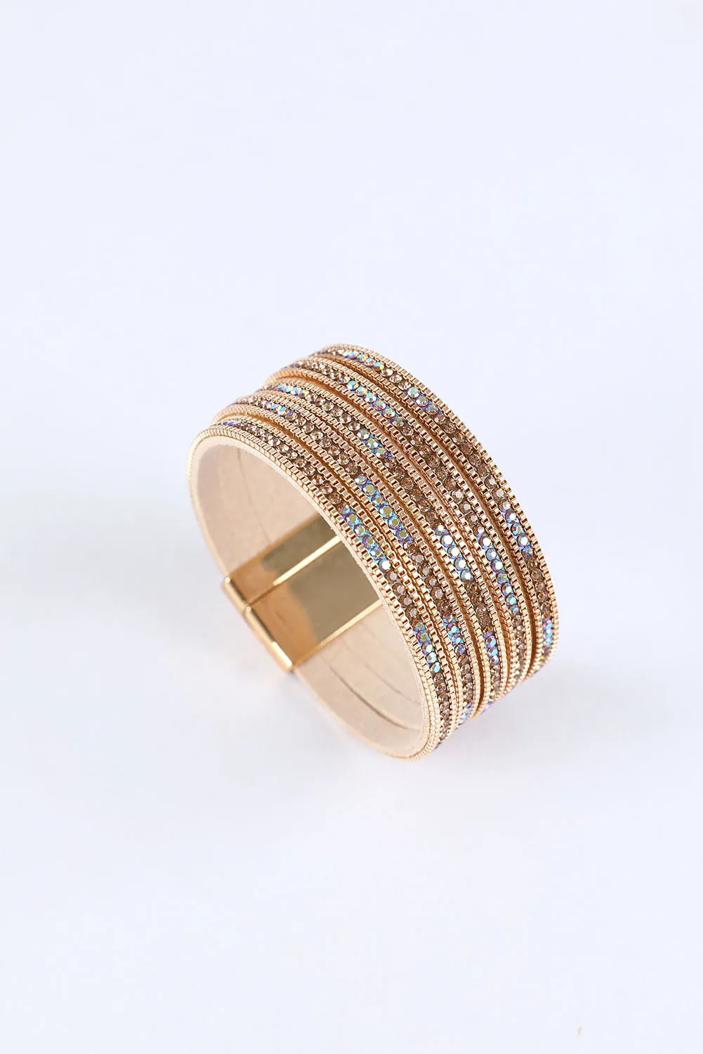 Blue Zone Planet |  Gold Full Diamond Leather Wide Magnetic Buckle Bracelet