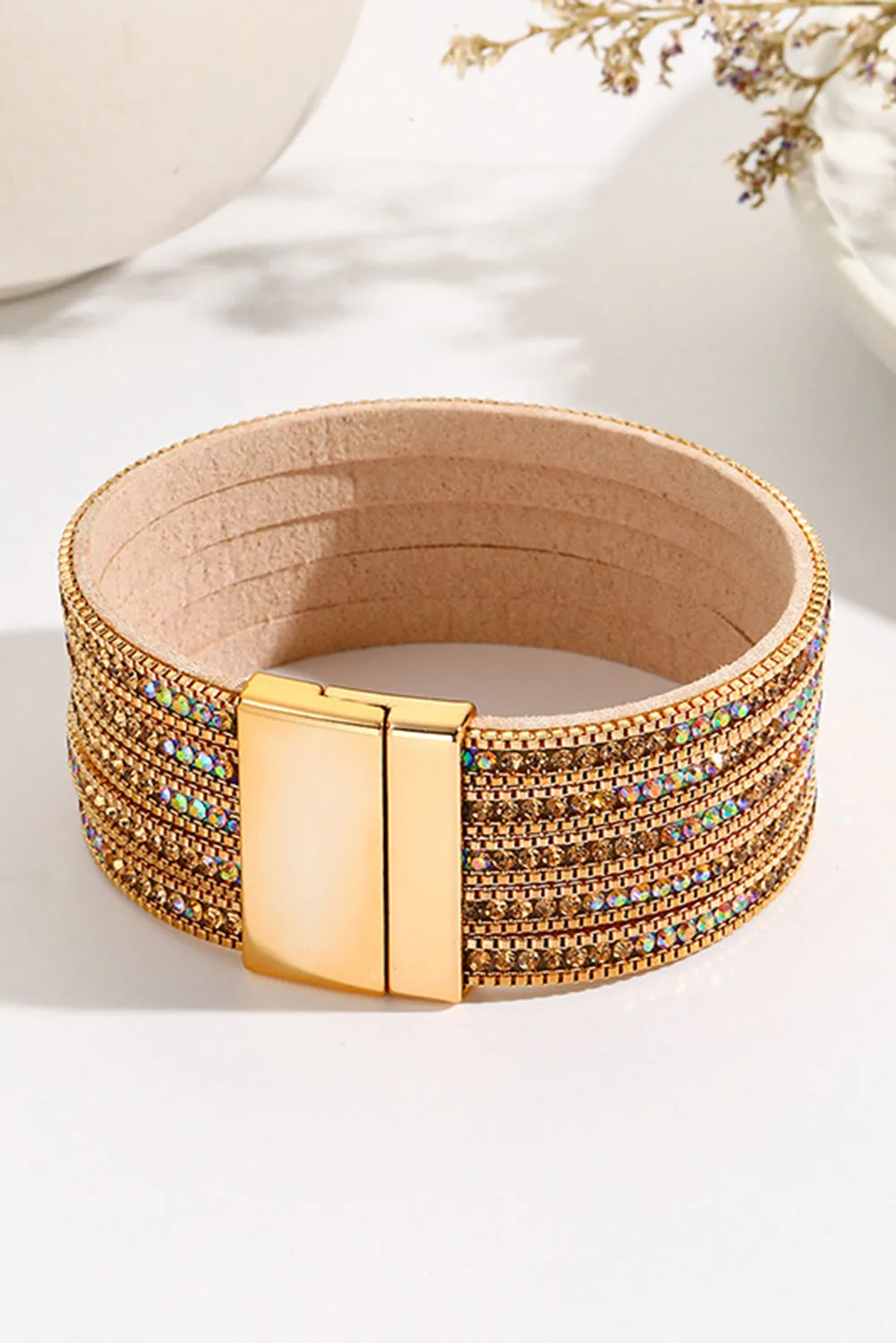 Blue Zone Planet |  Gold Full Diamond Leather Wide Magnetic Buckle Bracelet