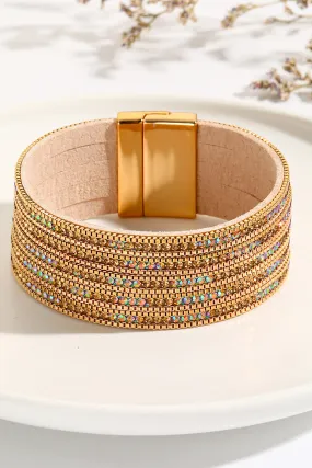 Blue Zone Planet |  Gold Full Diamond Leather Wide Magnetic Buckle Bracelet