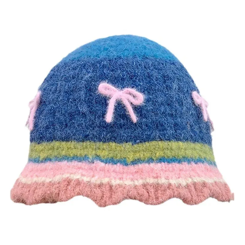 Bonnyshow Bowknot striped Crochet Korean Handmade Bucket Hat Women Autumn Winter Weaving Knitted Cap Y2k Fashion Woolen Beanies Basin Caps